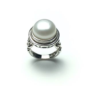 [#A051] Vintage Style 925 Silver Large Pearl Ring